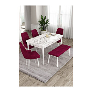 Ram Serisi, 80x132 Açılabilir Beyaz Mermer Desen ,mutfak Masası Takımı, 4 Sandalye Ve 1 Bench Mürdüm