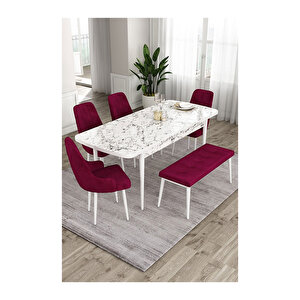 Ram Serisi, 80x132 Açılabilir Beyaz Mermer Desen ,mutfak Masası Takımı, 4 Sandalye Ve 1 Bench Mürdüm