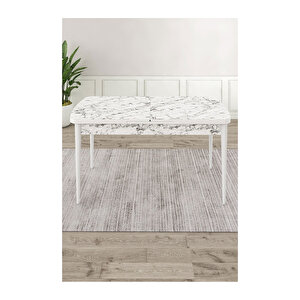 Ram Serisi, 80x132 Açılabilir Beyaz Mermer Desen ,mutfak Masası Takımı, 4 Sandalye Ve 1 Bench Mürdüm
