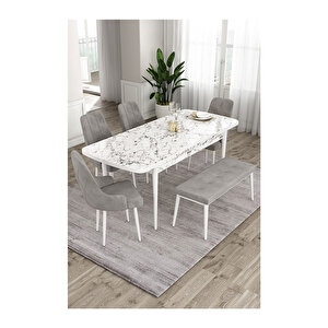 Ram Serisi, 80x132 Açılabilir Beyaz Mermer Desen ,mutfak Masası Takımı, 4 Sandalye Ve 1 Bench Gri