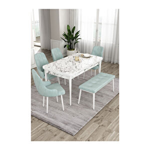 Ram Serisi, 80x132 Açılabilir Beyaz Mermer Desen ,mutfak Masası Takımı, 4 Sandalye Ve 1 Bench Su Yeşili