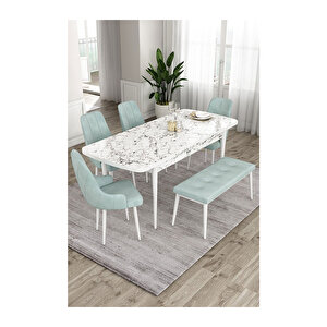 Ram Serisi, 80x132 Açılabilir Beyaz Mermer Desen ,mutfak Masası Takımı, 4 Sandalye Ve 1 Bench Su Yeşili