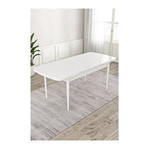 Ram Serisi, 80x132 Açılabilir Beyaz Masa, Mutfak Masası Takımı, 4 Sandalye Ve 1 Bench