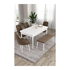 Ram Serisi, 80x132 Açılabilir Beyaz Masa, Mutfak Masası Takımı, 4 Sandalye Ve 1 Bench Kahverengi