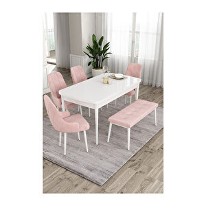 Ram Serisi, 80x132 Açılabilir Beyaz Masa, Mutfak Masası Takımı, 4 Sandalye Ve 1 Bench Pembe