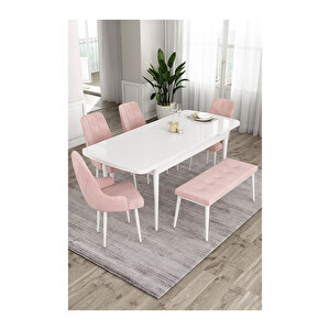Ram Serisi, 80x132 Açılabilir Beyaz Masa, Mutfak Masası Takımı, 4 Sandalye Ve 1 Bench Pembe