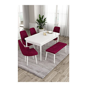 Ram Serisi, 80x132 Açılabilir Beyaz Masa, Mutfak Masası Takımı, 4 Sandalye Ve 1 Bench Mürdüm
