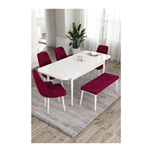 Ram Serisi, 80x132 Açılabilir Beyaz Masa, Mutfak Masası Takımı, 4 Sandalye Ve 1 Bench Mürdüm