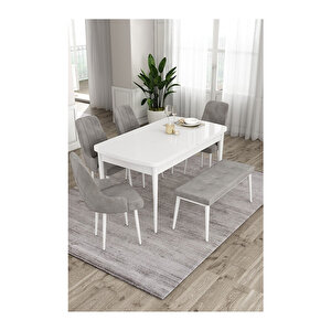 Ram Serisi, 80x132 Açılabilir Beyaz Masa, Mutfak Masası Takımı, 4 Sandalye Ve 1 Bench Gri