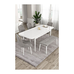 Ram Serisi, 80x132 Açılabilir Beyaz Masa, Mutfak Masası Takımı, 4 Sandalye Ve 1 Bench Gri