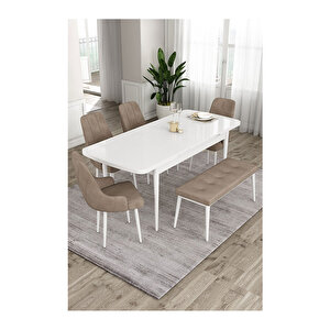 Ram Serisi, 80x132 Açılabilir Beyaz Masa, Mutfak Masası Takımı, 4 Sandalye Ve 1 Bench Cappucino