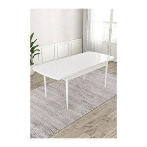 Ram Serisi, 80x132 Açılabilir Beyaz Masa, Mutfak Masası Takımı, 4 Sandalye Ve 1 Bench