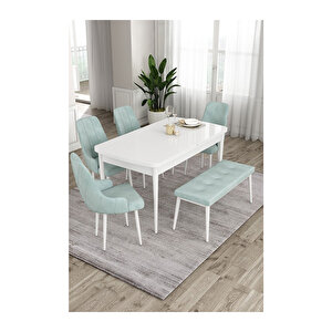 Ram Serisi, 80x132 Açılabilir Beyaz Masa, Mutfak Masası Takımı, 4 Sandalye Ve 1 Bench Su Yeşili