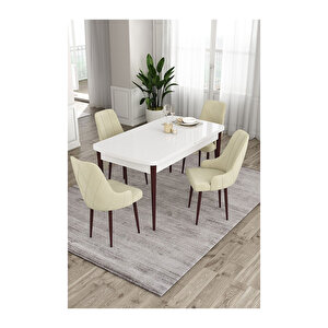 Ram Serisi, 80x132 Açılabilir Beyaz Masa Kahve Ayak Mutfak Masası Takımı, 4 Sandalye Krem