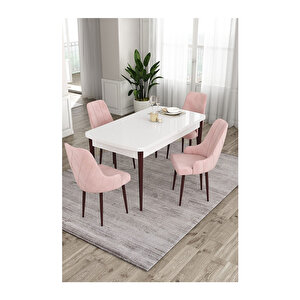 Ram Serisi, 80x132 Açılabilir Beyaz Masa Kahve Ayak Mutfak Masası Takımı, 4 Sandalye Pembe