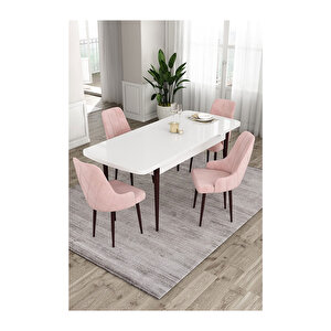 Ram Serisi, 80x132 Açılabilir Beyaz Masa Kahve Ayak Mutfak Masası Takımı, 4 Sandalye Pembe
