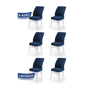 Flex Serisi, Üst Kalite Mutfak Sandalyesi, 6 Adet Sandalye, Gürgen Beyaz Ahşap Ayak Lacivert