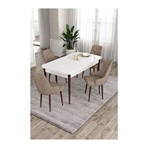 Ram Serisi, 80x132 Açılabilir Beyaz Masa Kahve Ayak Mutfak Masası Takımı, 4 Sandalye Cappucino