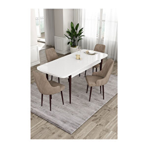 Ram Serisi, 80x132 Açılabilir Beyaz Masa Kahve Ayak Mutfak Masası Takımı, 4 Sandalye Cappucino