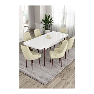 Ram Serisi, 80x132 Açılabilir Beyaz Masa Kahve Ayak Mutfak Masası Takımı, 6 Sandalye Krem