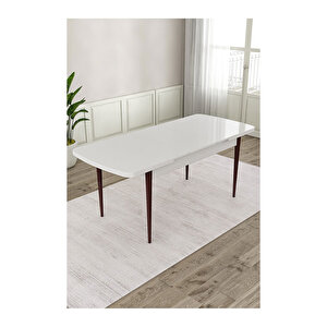 Ram Serisi, 80x132 Açılabilir Beyaz Masa Kahve Ayak Mutfak Masası Takımı, 6 Sandalye