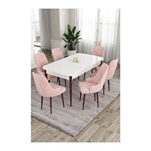 Ram Serisi, 80x132 Açılabilir Beyaz Masa Kahve Ayak Mutfak Masası Takımı, 6 Sandalye Pembe