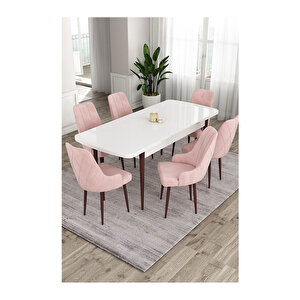 Ram Serisi, 80x132 Açılabilir Beyaz Masa Kahve Ayak Mutfak Masası Takımı, 6 Sandalye Pembe