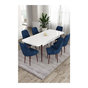 Ram Serisi, 80x132 Açılabilir Beyaz Masa Kahve Ayak Mutfak Masası Takımı, 6 Sandalye Lacivert