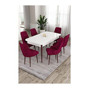 Ram Serisi, 80x132 Açılabilir Beyaz Masa Kahve Ayak Mutfak Masası Takımı, 6 Sandalye Mürdüm