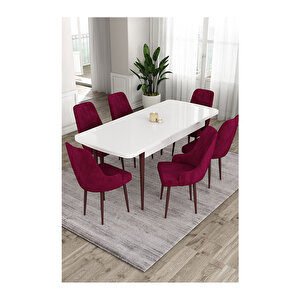 Ram Serisi, 80x132 Açılabilir Beyaz Masa Kahve Ayak Mutfak Masası Takımı, 6 Sandalye Mürdüm