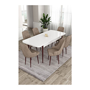 Ram Serisi, 80x132 Açılabilir Beyaz Masa Kahve Ayak Mutfak Masası Takımı, 6 Sandalye Cappucino