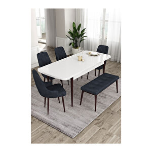 Ram Serisi, 80x132 Açılabilir Beyaz Masa Kahve Ayak Mutfak Masası Takımı, 4 Sandalye Ve 1 Bench Antrasit