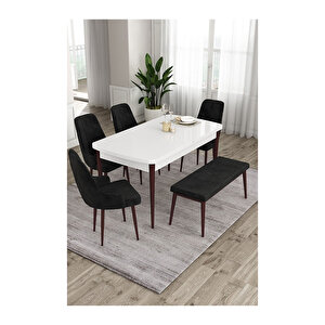 Ram Serisi, 80x132 Açılabilir Beyaz Masa Kahve Ayak Mutfak Masası Takımı, 4 Sandalye Ve 1 Bench Siyah