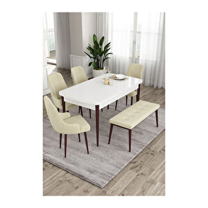 Ram Serisi, 80x132 Açılabilir Beyaz Masa Kahve Ayak Mutfak Masası Takımı, 4 Sandalye Ve 1 Bench Krem