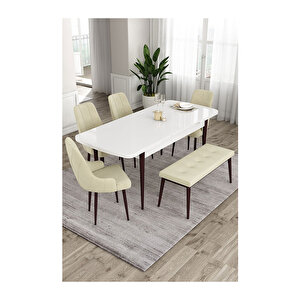 Ram Serisi, 80x132 Açılabilir Beyaz Masa Kahve Ayak Mutfak Masası Takımı, 4 Sandalye Ve 1 Bench Krem