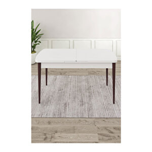 Ram Serisi, 80x132 Açılabilir Beyaz Masa Kahve Ayak Mutfak Masası Takımı, 4 Sandalye Ve 1 Bench Krem