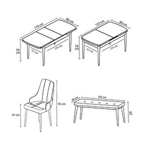 Ram Serisi, 80x132 Açılabilir Beyaz Masa Kahve Ayak Mutfak Masası Takımı, 4 Sandalye Ve 1 Bench