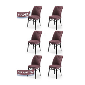 Flex Serisi, Üst Kalite Mutfak Sandalyesi, 6 Adet Sandalye, Gürgen Siyah Ahşap Ayak Gül Kurusu