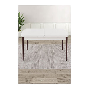 Ram Serisi, 80x132 Açılabilir Beyaz Masa Kahve Ayak Mutfak Masası Takımı, 4 Sandalye Ve 1 Bench Lacivert