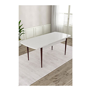 Ram Serisi, 80x132 Açılabilir Beyaz Masa Kahve Ayak Mutfak Masası Takımı, 4 Sandalye Ve 1 Bench