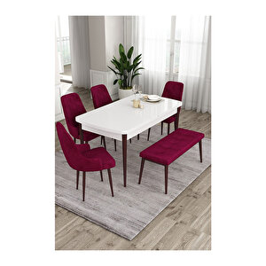 Ram Serisi, 80x132 Açılabilir Beyaz Masa Kahve Ayak Mutfak Masası Takımı, 4 Sandalye Ve 1 Bench Mürdüm