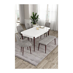 Ram Serisi, 80x132 Açılabilir Beyaz Masa Kahve Ayak Mutfak Masası Takımı, 4 Sandalye Ve 1 Bench Gri