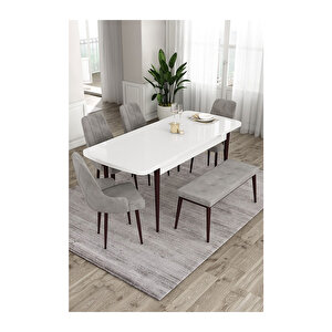 Ram Serisi, 80x132 Açılabilir Beyaz Masa Kahve Ayak Mutfak Masası Takımı, 4 Sandalye Ve 1 Bench Gri