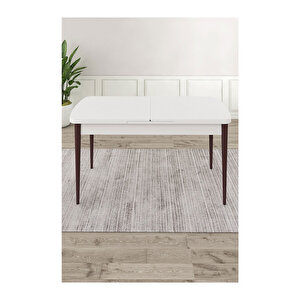 Ram Serisi, 80x132 Açılabilir Beyaz Masa Kahve Ayak Mutfak Masası Takımı, 4 Sandalye Ve 1 Bench Gri