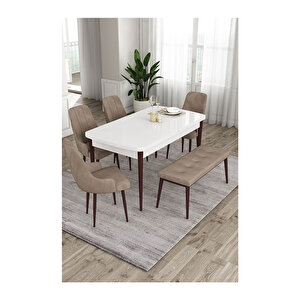 Ram Serisi, 80x132 Açılabilir Beyaz Masa Kahve Ayak Mutfak Masası Takımı, 4 Sandalye Ve 1 Bench Cappucino