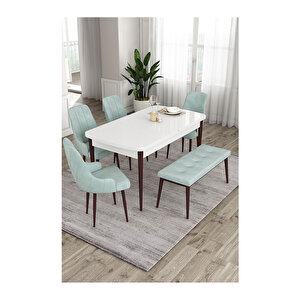 Ram Serisi, 80x132 Açılabilir Beyaz Masa Kahve Ayak Mutfak Masası Takımı, 4 Sandalye Ve 1 Bench Su Yeşili