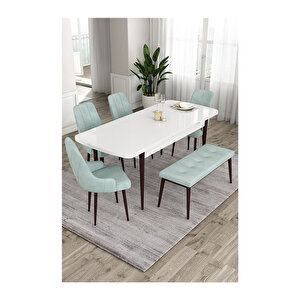 Ram Serisi, 80x132 Açılabilir Beyaz Masa Kahve Ayak Mutfak Masası Takımı, 4 Sandalye Ve 1 Bench Su Yeşili