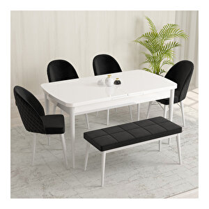 Marsilya Beyaz 80x132 Mdf Açılabilir Mutfak Masası Takımı 4 Sandalye, 1 Bench Siyah