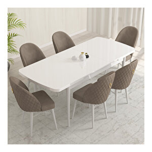 Marsilya Beyaz 80x132 Mdf Açılabilir Mutfak Masası Takımı 6 Adet Sandalye Cappucino