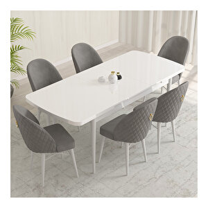 Marsilya Beyaz 80x132 Mdf Açılabilir Mutfak Masası Takımı 6 Adet Sandalye Gri